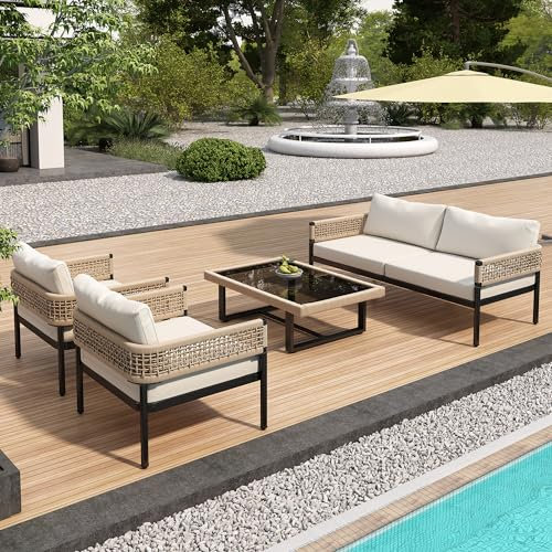 Dolamaní Gartenmöbel Set Metall mit Gartensofa & Sessel & Gartentisch 4 Personen, Geflochtene Seildekoration & Verstellbare Füße,Sitz- und Rückenkissen, für Lounge Outdoor (Beige)