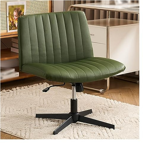 Criss-Cross-Bein-Bürostuhl, armloser, drehbarer, breiter Schreibtischstuhl ohne Räder, moderner, höhenverstellbarer Leder-Waschtisch-Home-Office-Schreibtischstuhl für Make-up (Farbe: Grün)