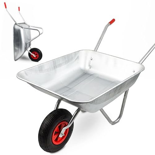 JupiterJX Wheelbarrow Heavy Duty Galvanised | Load Up To 100KG | 80L Capacity | Home Garden Trolley With Pneumatic Tyre And Steel Rim Work Gardening Cart (80L x 60W x 60H) cm Silver
