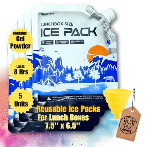 Frostvolt Reusable Ice Packs for Lunch Boxes and Cooler, Slim and Thin Ice Packs for Lunch Box, Lunch Bags and Coolers - Long Lasting Cooler Ice Packs, Summer Must Haves (Lunchbox Size x 5)