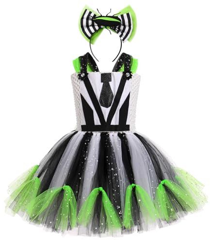 OBEEII Halloween Kostüm für Kinder Schwarz und Weiß gestreiftes Tüll Tutu Kleid Cosplay Kostüm mit Stirnband Karneval Role Play Geburtstag Party Dress Up Kostüm Schwarz Weiß 2-3 Jahre