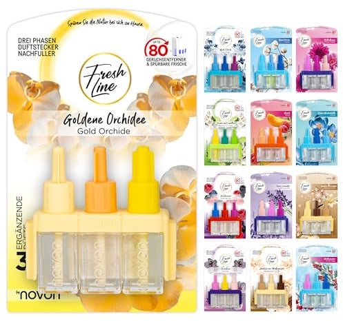 FRESH LINE® Duftstecker Nachfüller 6er Pack (3x7ml) – 3-Phasen-Wechsel – komp. zu 3VOLUTION – Lufterfrischer – 6 Düfte: Wildbeeren, Jasmin Limetten, Aprilfrisch, Goldene Orchidee, Vanille, Orchideen