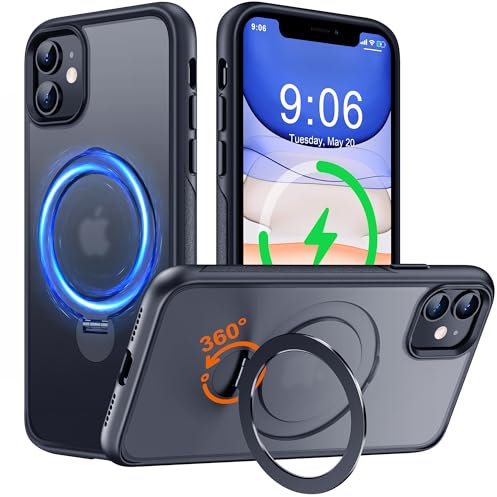 Derwav Multi-in-1 [Magnetic+ Kickstand+ Ring Holder] for iPhone 11 Case, Compatible with MagSafe, 360° Rotatable Stand with Military Shockproof Silicone Frame Protection Cover, Black