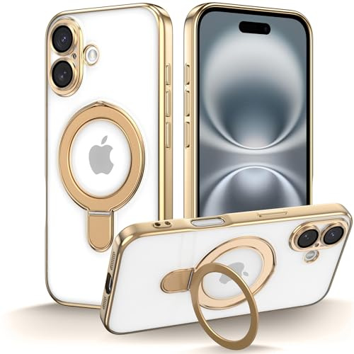 ZCDAYE Magnetic Case for iPhone 16 with Invisible Stand, Gold | Compatible with Magsafe, Men Women Transparent Clear Phone Case, Rotating Ring holder, Camera Protection Protective Cases