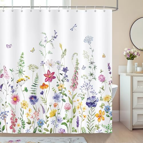 Bonhause Rideau de Douche Aquarelle Fleur Sauvage Printemps Plante Rideau de Bain Tissu Polyester Anti Moisissure Imperméable Lavable Rideau Salle de Bain 180 x 180 cm avec 12 Crochets pour Baignoire