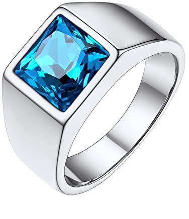 FindChic 8MM Blau Stein Ring Herren Edelstahl Bandring Männer Fingerring Gothic-Ring Siegelring + Geschenk-Box für Papa Vater Größe 70, Silber