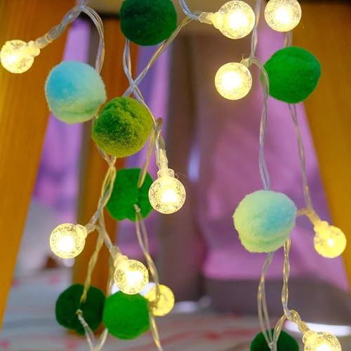 FLCSIed 6.56Ft 20 led 3AA Battery Powered Globe Crystal Ball Lights with Pom-poms Fairy Light for Bedroom, Valentine's Day, Wedding, Party, Christmas, Home Decor (Green)