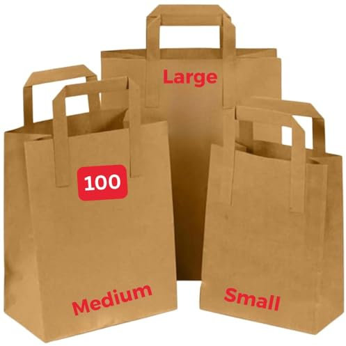 Brown Kraft Paper Bags with Handles – 100 Medium Recyclable Biodegradable SOS Carrier Bag (10 x 8.5 x 4.5) | Eco-Friendly, Strong Takeaway, Grocery, Shopping, Lunch, Party & Gift Bags for Catering