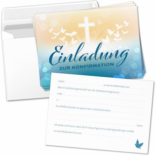 8 Einladungskarten Einladung Konfirmation mit Umschlag zum selber ausfüllen - Kirche Konfi Einladungen Postkarten Umschläge Modern blau gelb tauben Kreuz