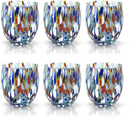 MAZZEGA ART & DESIGN - 6 Bicchieri da Acqua Arlecchino in Vetro Soffiati e Lavorati a Mano con Murrine di Murano, linea “I Colori di Murano” 320 ml. Made in Italy (ACQUA, 6)