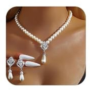 Gkaopi Schmuckset für Damen 925 Silber Perlenkette und Ohrringe mit Zirkonia Elegante Teardrop Perlen Anhänger Halskette Ohrringe Hochzeitstag Geschenke für Braut Frauen