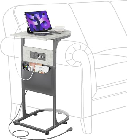 Leadpro Side Table C Shaped End Table Couch Tables with Charging Station TV Tray with Storage Bag Bedside Table Slide Under Sofa Bed for Living Room Bedroom Recliner Small Spaces Greige