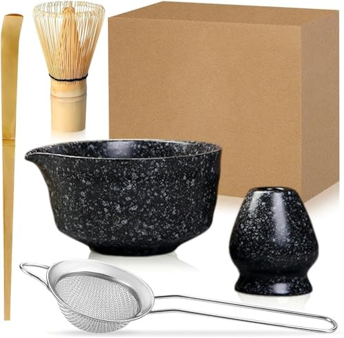 Duscdesp 5 Pcs Matcha Whisk Set, Matcha Whisk, Bowl, Spoon, Sieve, Holder, Starter Kit, Japanese Style, Black White Dots