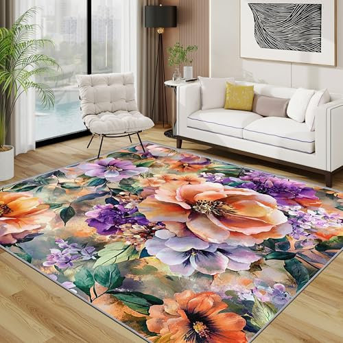Generisch Blumen Teppich Wohnzimmer 160x230 cm, Bunt Geblümt Boho Teppiche, Botanisch Pflanzen Waschbar Kurzflor Groß Teppiche Für Schlafzimmer Kinderzimmer, Lila Orange