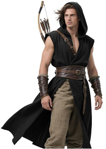 L'VOW Herren Mittelalter Kapuzenmantel Renaissance Tabard Ärmellos Tunika Umhang Wikinger Kostüm Holloween Assassin Cosplay | Ärmellose Weste für Assassin Knight Ranger Hobbit Cosplay Halloween LARP Fantasy Ren Faire Wikinger Kostüm