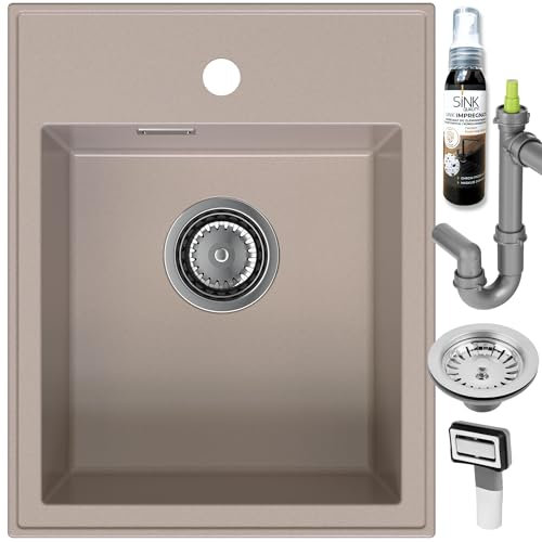 SINK QUALITY Spülbecken Beige 40x50 cm - Granitspüle Beige mit Siphon und Imprägnierung - Spüle ohne Abtropffläche - Kleines Spülbecken für Küche für Unterschränke ab 40 cm Breite