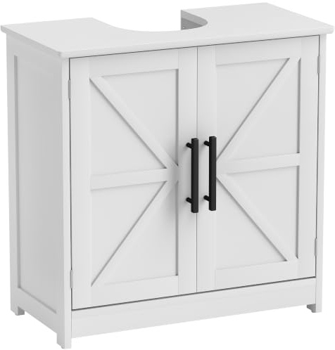 HOMCOM Meuble sous lavabo 2 Portes Grange Magnétiques 60 x 30 x 60 cm Blanc | Meuble de Salle de Bain, Étagères Réglables, Armoire de Salle de Bains sous Lavabo, Style Ferme