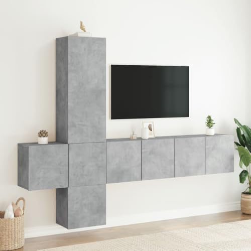 Vorpalize 5-TLG. Wohnwand Set Betongrau, Holzwerkstoff Lowboard TV Schrank, Wandmontage für Wohnzimmer, Medien und Bücher, Robustes Design