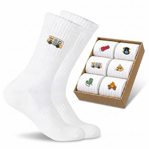 Mmyzao 6 Paar Socken mit Stickmuster, weiße Sportsocken für Damen/Herren, atmungsaktive Baumwollsocken mit Motiv (Tiere/Essen/Kunst)
