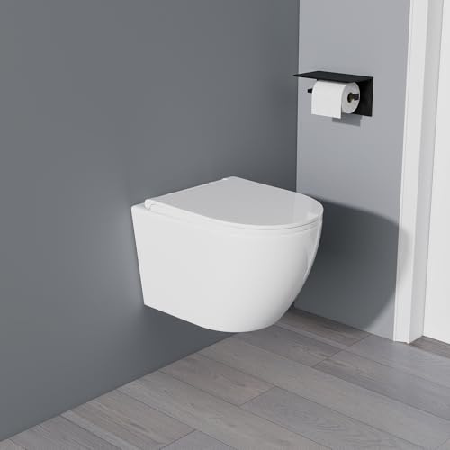 Yishang Wand WC Spülrandlos, Toilette WC mit Toilettendeckel mit Absenkautomatik, Hänge WC Runde mit Breiter Toilettensitz, Toilettenschüssel Weiß mit Nano, 53 cm lang