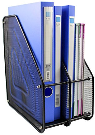 Mesh Metal Double Desktop Magazine File Rack Holder for Lever Arch Foolscap Paperwork Document Storage Box Home Office Containers 2 Sections- Black