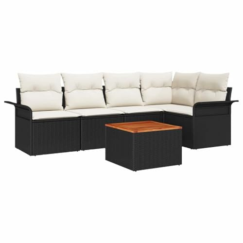Foknhdi Gartensofa Set 6-teilig Schwarz Poly-Rattan Lounge Eckbank Gartenmöbel mit Akazienholz Sitzpolster 625 kg Tragkraft Modular Balkon Terrasse Outdoor geeignet