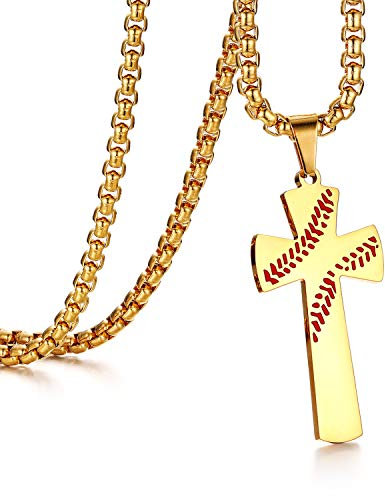Flongo Herren-Kette Männer Anhänger, Baseball Edelstahl Anhänger Halskette mit Bibel Gravur Gold Kreuz Rosenkranz Jahrgang Poliert Herren-Accessoires