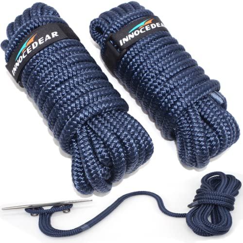 INNOCEDEAR 2 Pack Premium Navy Blue Dock Lines - 1/2 Inch x 25 Feet with Eyelet.Double Braided Nylon Dock Line/Mooring Lines.Hi-Performance Marine Boats Ropes
