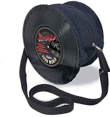 Mancha de Creation – Tasche aus Vinyl Single Disc – Denim und Music Style – runde Schultertasche für Damen – verstellbarer Tragegriff – Retro Vintage Casual