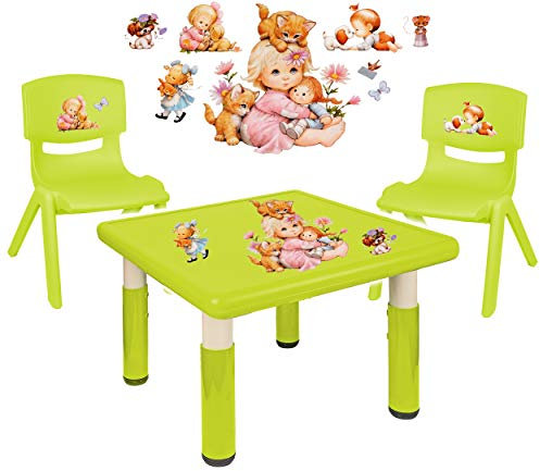 alles-meine.de GmbH Sitzgruppe für Kinder - Tisch + 2 Kinderstühle - Größen & Motiv & Farbwahl - Kinder & Tierbaby/hell grün - höhenverstellbar - 1 bis 8 Jahre - Plastik - für ..