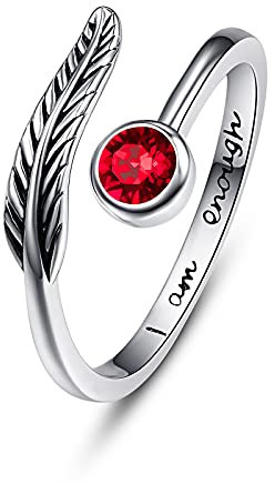 Geburtsstein Damen Verstellbarer Ring 925 Sterling silber Feder ring Birthstone Schmuck Geburtstag Geschenk für Frauen Mädchen (B-ruby)