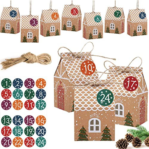 NA Flyftrey 24 Adventskalender zum Befüllen, faltbares Haus mit 24 Zahlenaufklebern und Kordel für Weihnachten 2021, Geschenktüte Weihnachtskalendertüten, Weihnachtskalender DIY Bastelset