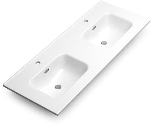 Lavabo Cerámico Baño Blanco | Pila Lavamanos Rectangular | Lavabo Integral 2 Senos 121.5 cm Ancho X 46.5cm Fondo | Rebosadero y Agujero de Grifo (120cm 2 Senos)