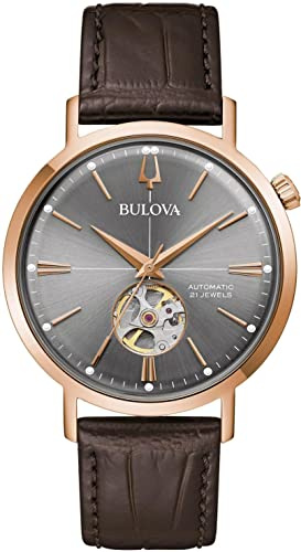 Bulova Herren Fashionuhr Aerojet in der Farbe Roségold mit Lederarmband, Gehäusedurchmesser: 41 mm, 97A171
