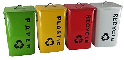 tuzhi Trash Cans Wastebasket Bin for Recycling 26L, Made of Tin Bucket Garbage Classification, Outdoor Trash Can 29 * 25 * 47cm, Yellow, White, Green, Red, Set of 4