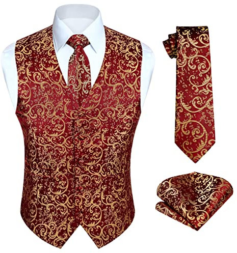 HISDERN Herren Weste Paisley Floral Hochzeit Party Krawatte Einstecktuch Taschentuch Anzugwesten für Herren Burgund Weste Anzug Set L