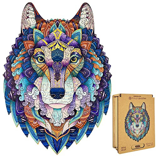 Lubiwood Verspielters Tierform-Holzpuzzle (21x15 cm) - Fördert Beobachtungsfähigkeiten und Zufriedenheit - kommt mit Holzgeschenkbox - Perfekt für Erwachsene (Wilder Wolf, Small (A5))