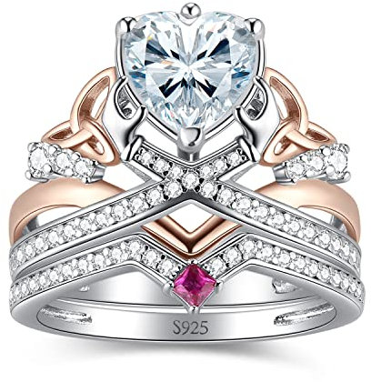 JewelryPalace Claddagh Celtic Knot Herz 2ct Zirkonia Promise Ring Damen, Infinity Verlobungsring Silber 925 Rosegold Frauen, Unendlichkeit Hochzeitsring Trauring Ehering Rubin Vorsteckring Band Set 51