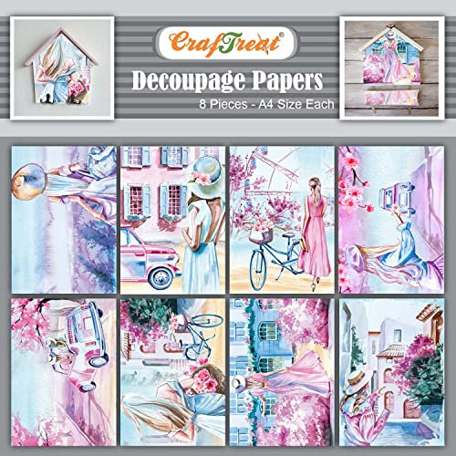 CrafTreat Decoupage-Papier zum Basteln - Frauen mit Blüten - A4 (8,3 x 11,7 Zoll) 8 Stück - Florales Scrapbook-Papier - Vintage-Damen-Design - Blumenmuster - Rosa Blumen