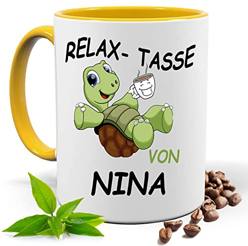 Relax Tasse mit Namen | Lustige bedruckte Tasse mit Schildkröte & Spruch | Personalisiert | Geschenk Idee| Kaffee Tee Tasse | Fototasse, Motivtasse | Kaffeetasse, Teetasse |Keramik (Gelb)
