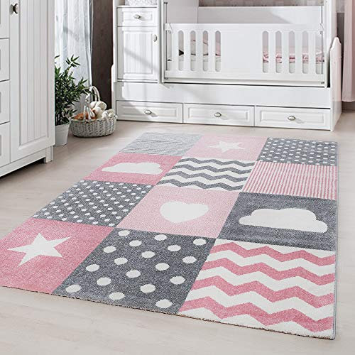 Carpetsale24 Kinderteppich Quadrate mit Herzmotiv 160x230 cm – Teppich für Mädchen – Allergikerfreundlich & Kindgerecht