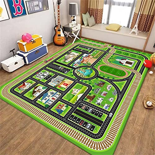 PEIHUODAN Kinderzimmerteppich Spielmatte Stadt Land Straße Zoo Eisenbahnstrecke Spielteppich Jungen Mädchen rutschfeste Teppiche für Wohnzimmer Schlafzimmer Spielzimmer Läufer (Farbe 3,80x120 cm)