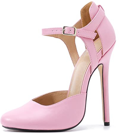 Yinghesheng Femme Escarpins 15cm Talon Aiguille Sandales Patent Cuir Talons Hauts Bride Cheville Boucle High Heels,Rose,46 EU