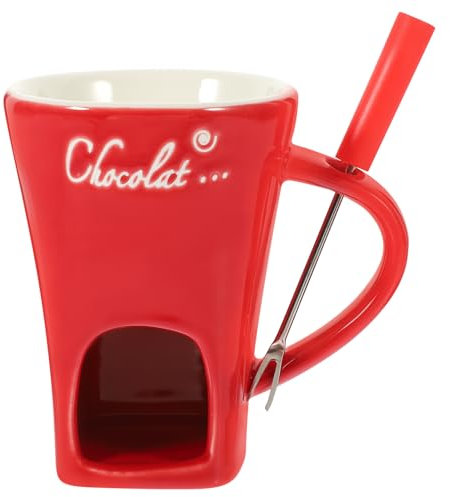 UPKOCH 1 Set Fondue Mugs with Fork Ceramic Chocolate Melting Cup Individual Cheese Warmer Mini Porcelain Melting Pot for Caramel Tapas Home Kitchen Supplies Red
