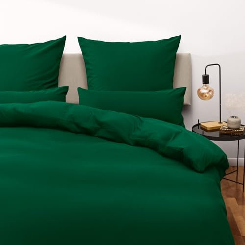 Blumtal Bettwäsche 200x220cm + 2X 80x80cm Kopfkissenbezug - Oeko-TEX zert. Mikrofaser Bettwäsche Set - Mikrofaser Bettbezug bis 95 °C - Deckenbezug + Kissenbezug 3-teilig - Bettbezug Dunkelgrün