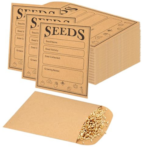 150pcs Seed Saving Envelopes, 4.7x3.1 Inch Reusable Seed Kraft Storage Organizer Packets Envelopes Printed with Types Name Template for Flower Vegetable Plants Garden Seeds Saving & Collecting