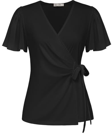 GRACE KARIN Chemisier Femme Large Col en V Chemisette d'Été à Manches Courtes Blouse Cache-Cœur Taille Ajustée M Noir