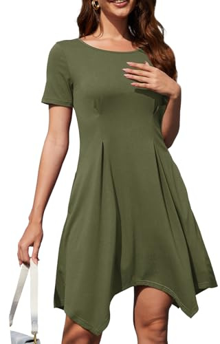 Alaster Queen Damen Kleid Sommerkleid leicht Strandkleid T-Shirtkleid Knielanges Kleid A-Linie Tunika Kleid Kurzarm Rundhalsausschnitt Kleid mit Taschen Kleider Freizeitkleid