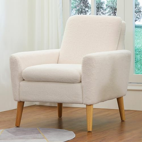 LADOKEE Sessel Wohnzimmer, Ohrensessel Relaxsessel Teddy Stoff Polstersessel mit Armlehnen Massivholzbeine Modern Einfach Cocktailsessel für Schlafzimmer Wohnzimmer Balkon Büro