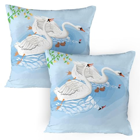 ABAKUHAUS Swans Kissenbezug Packung mit 2, Gracious Tiere in Fluss-Reflexionen Blumenkunst, Dekorativer Standard Gedruckter Kissenbezug, 80 x 80 cm, Blassblau Mehrfarbig